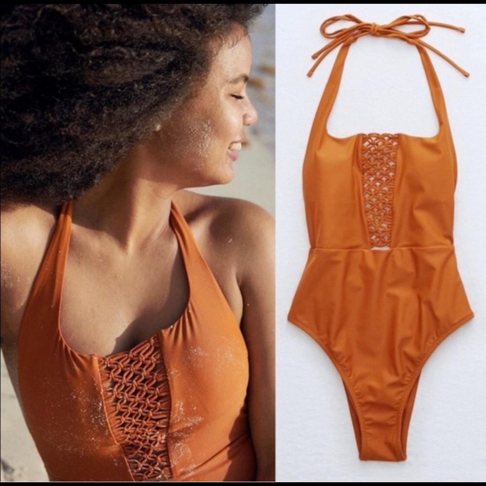 Aerie Orange Rust Macrame Halter One Piece Swimsuit
